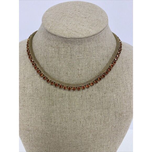 Weiss Gold Tone Mesh Amber Orange Rhinestone Necklace & Bracelet Set Vintage - Picture 4 of 16